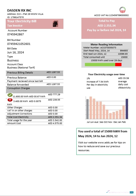 Download UAE Abu Dhabi Distribution electricity utility bill Photoshop template